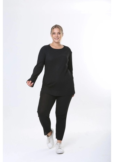 Modasehle Büyük Beden Uzun Kollu Yüksek Bel Beli Lastikli Yırtmaçlı Pijama Takım Siyah Uzunkol