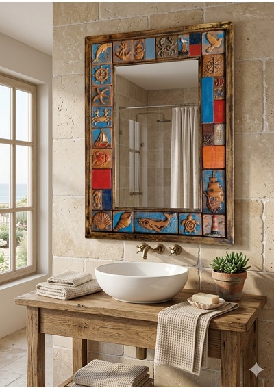 El Yapımı Deniz Temalı Dekoratif Ayna Seramik Çerçeveli, Rustik & Bohem Duvar Aynası Banyo, Antre, Salon 74x51cm Ahşap