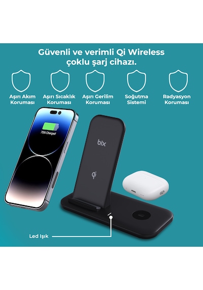 Bix Bxmw1 2'si 1 Arada 15w Qi Kablosuz Şarj Cihazı Standı Siyah