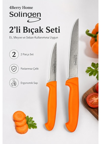 Solingen 2 Li Paslanmaz Çelik Mutfak Bıçağı Seti Et, Meyve Ve Sebze Bıçağı Turuncu