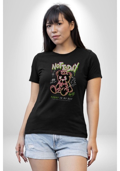 Bugün Değil Unisex Unisex Siyah Organik Baskılı T-shirt Penye Yüksek Kalite Siyah