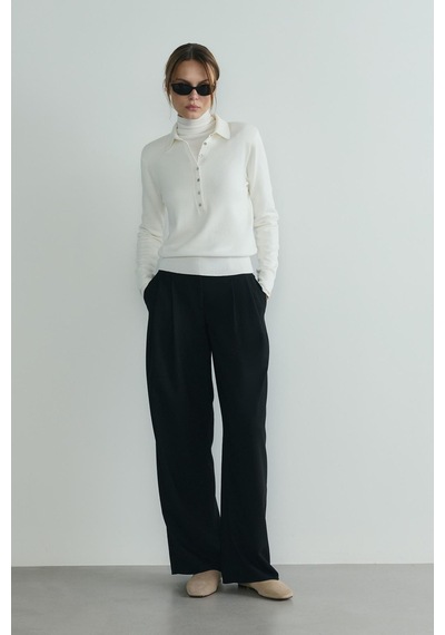 Suud Collection Beyaz Carter Polo Yaka Triko Kazak