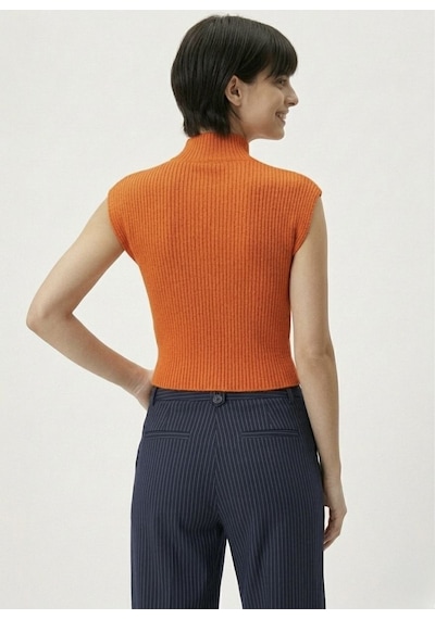 Neden Tekstil Kadın Yarım Balıkçı Yaka Fitilli Triko Kolsuz Crop Bluz - Turuncu