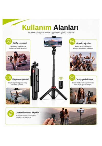 1,8 Metre Bluetooth Selfie Çubuğu Tripod Uzaktan Kumandalı 360 Döner Type-c Şarjlı