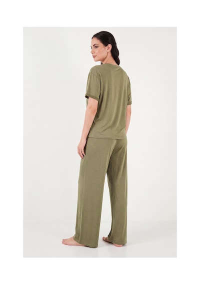 Lela Yumuşak Dokulu Bisiklet Yaka Lastikli Bel Kısa Kollu Pijama Takımı Bayan Pijama Takımı 65720102 Haki