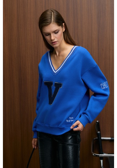 Grımelange Dıvıne Kadın V Yakalı Nakış Ve Patch Detaylı Mavi Sweatshirt Mavi