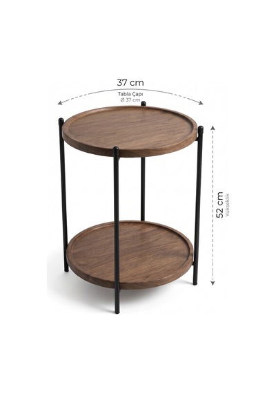 Orbis Masif Ahşap İki Katlı Tepsili Yuvarlak Yan Sehpa - Mat Ceviz 37x52 Cm Diğer