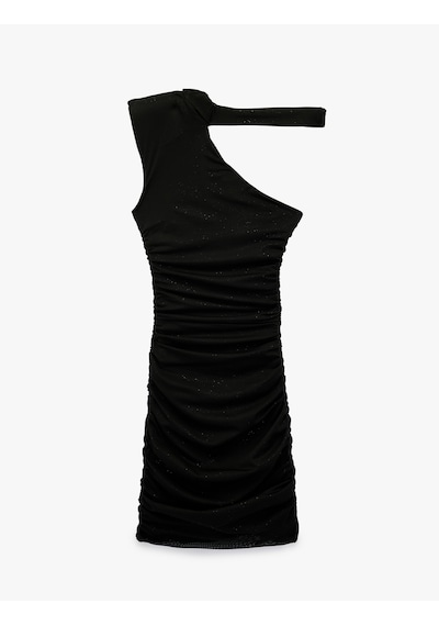 Koton Tek Omuz Tül Detaylı Slim Fit Bodycon Mini Abiye Elbise Siyah 6sak80098fk