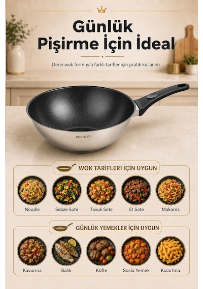 28 Cm Seramik İç Yüzeyli İndüksiyon Uyumlu Paslanmaz Çelik Wok Tava Gümüş