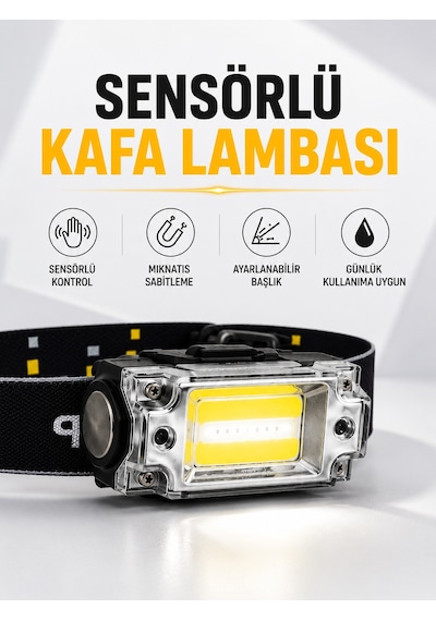 Sensör Kontrollü Şarjlı Beyaz Led Kafa Lambası Ve El Feneri - Lisinya