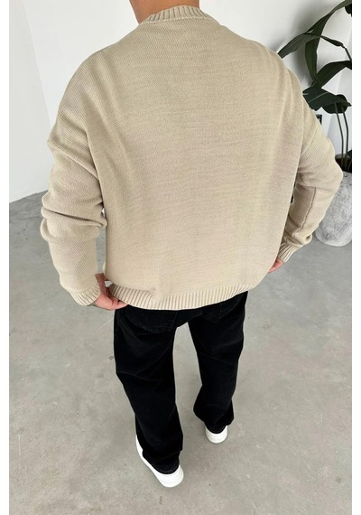 Krem Basic Bisiklet Yaka Triko Kazak Krem