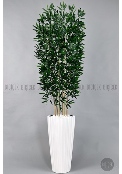 Yapay Bambu Ağacı 6 Dallı Yoğun Yapraklı 220 Cm Beyaz Lilyum Saksıda