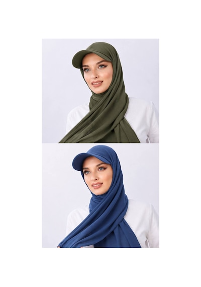 ALDAIYR 2 Adet Şapkalı Boneli Hazır Şal Hijab Sandy Haki - Mavi