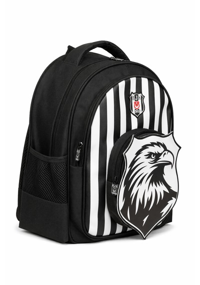 Beşiktaş Lisanslı Çubuklu Okul Çantası - 3 Bölmeli 3d Kartal Baskılı Siyah Beyaz Sırt Çantası Siyah - Beyaz