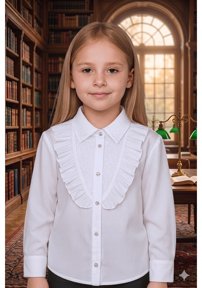 Elayza Yakası Ve Göğsü Brodeli İnci Bezeli Fırfırlı Beyaz Gömlek/ 23 Nisan Kız Çocuk Okul Gömleği 327
