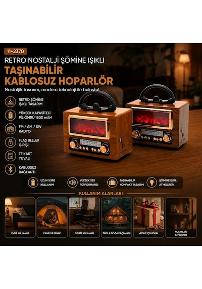 Usb Şarjlı - Şömine İbreli Fm Radyo Retro Mp3 Usb - Tf Player Speaker Ns-901bt 5250
