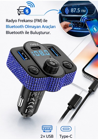 Araç İçi Saks Mavisi Kristal Taşlı Fm Transmitter Bluetooth Usb Type-c Oto Çakmaklık