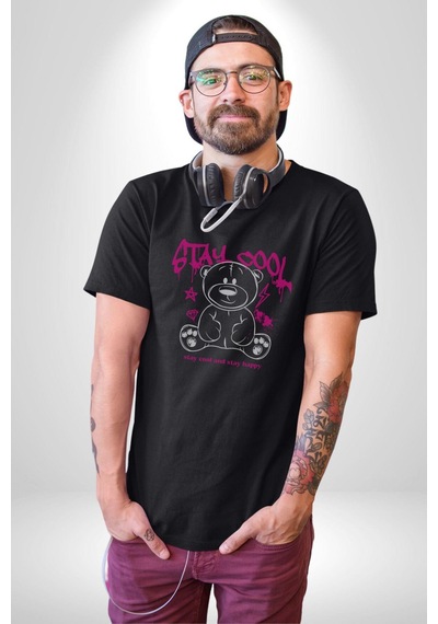 Serin Ve Mutlu Kal Unisex Unisex Siyah Organik Baskılı T-shirt Penye Yüksek Kalite Siyah