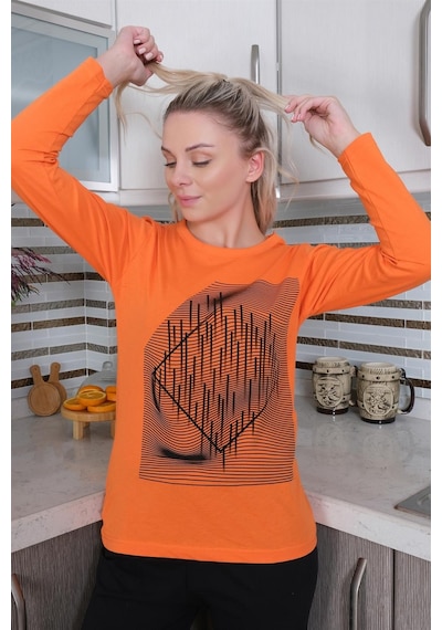 Akbeniz Kadın Uzun Kol Penye Pijama Takım 4177 - L Turuncu