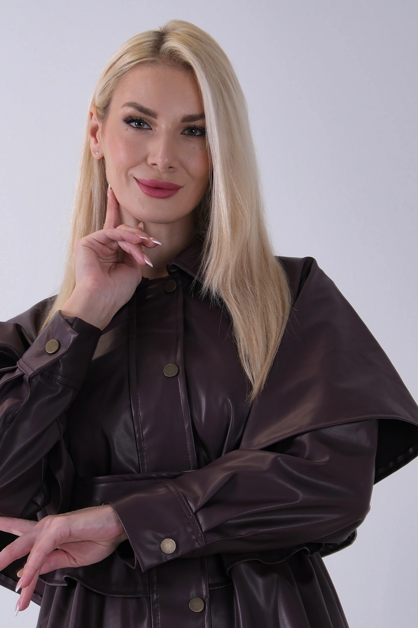 Feminist Bordo Yakalı Kendinden Pelerinli Kemerli Deri Ceket 5309366.04 Bordo