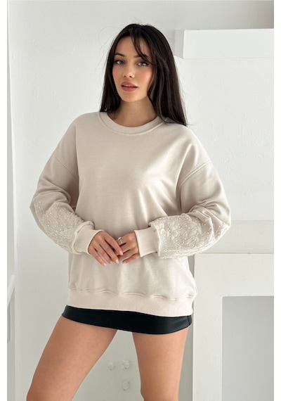 Femelle Bej Kolları Boncuk Ve Taş İşlemeli %100 Pamuk Sweatshirt - Svt10