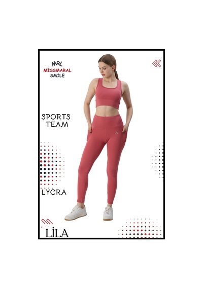 Missmaral Kadın Alt Üst Takım Fitness Pilates Koşu Sporcu Slim Fit Tayt Çift Cep Yüksek Bel Likralı Gül 3065 Gül Kurusu