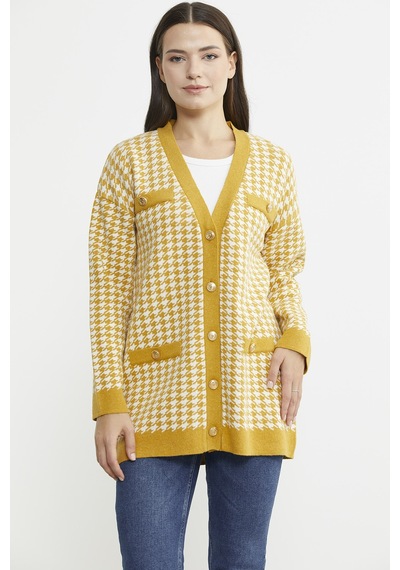 Kazayağı Motif Oversize Triko Ceket - Güneş 001