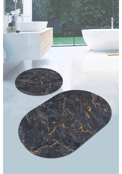 Füme Mermer Görünümlü Oval Banyo Klozet Paspas Seti Bs059n11