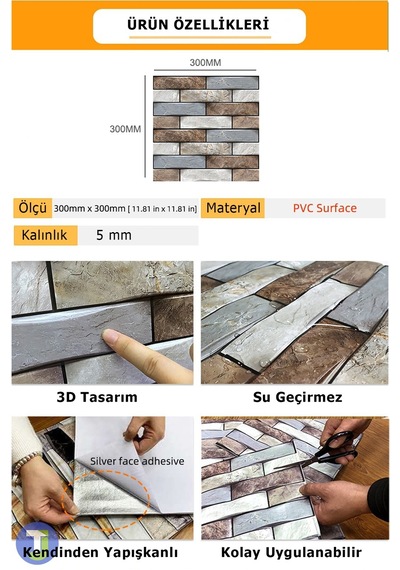Technojet 30x30cm 3d Kendinden Yapışkanlı Duvar Kağıdı Kaplama Su Geçirmez Dekorasyon Mutfak Banyo