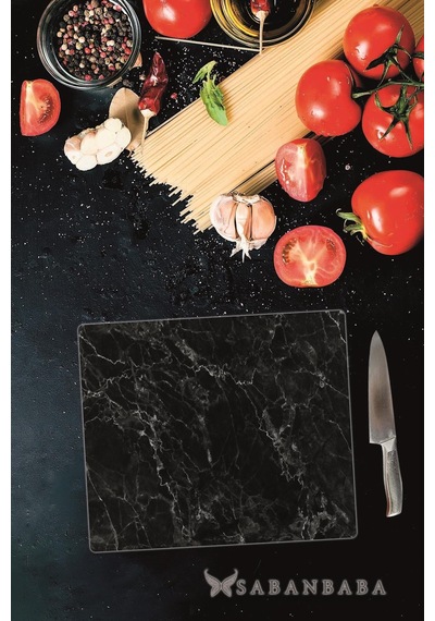Dekoratif Cam Kesme Tahtası Siyah Mermer 29 X 34 Cm Cam Kesme T