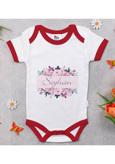 Bk Gift Bk Kids Kişiye Özel Çiçek Tasarımlı Kırmızı Bebek Body Zıbın-22 Çok Renkli