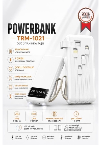 Taşınabilir Batarya 20000 Mah Ledli 4 Çıkışlı Powerbank Trm-1021 Beyaz Acil Seyahat Kolaylık Çok Renkli