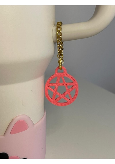 Pentagram Model Quencher Termos Bardak Aksesuarı Zincirli Dekoratif Süs Pembe