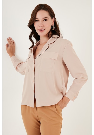 Lela V Yaka Çift Cepli Regular Fit Dokuma Bayan Gömlek 611Go00016 Taş