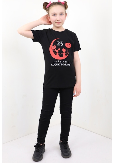 Toontoy Kids Toontoy Unisex Çocuk 23 Nisan Baskılı Tişört Siyah