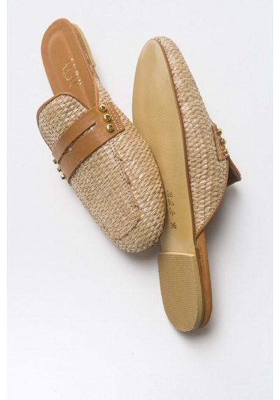 Luvishoes 165 Hakiki Deri Taba Hasır Kadın Terlik Taba