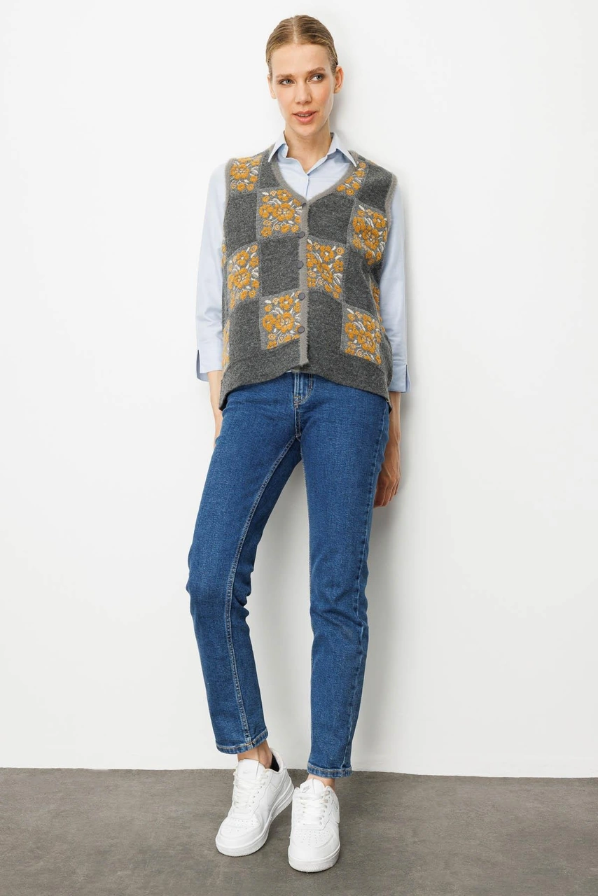 Desen Triko Kadın Pıtırcık Çiçekli Patchwork Keçe Yün Yelek Füme Hardal Füme Hardal