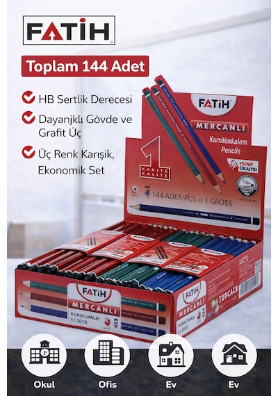 Fatih Mercanlı 12010 Hb Kurşun Kalem Silgisiz 144 Adet Karışık Renk Siyah