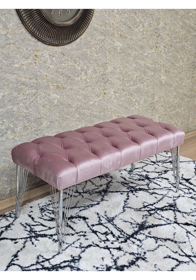 Zafir Krom Tel Ayaklı 90 Cm Puf Bench - Puf - Bench - Kasalı Oturak - Oturak - Yatak Ucu Puf Pembe