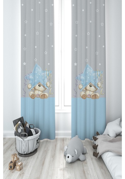 Mekta Home Bebek Ve Çocuk Odası Yıldız Ve Ayıcık Desenli Mavi Çizgili 2 Kanat Fon Perde