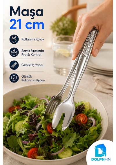 21 Cm Çelik Salata Servis Maşası Kaşık Ve Çatal Uçlu Sunum Maşası Gümüş