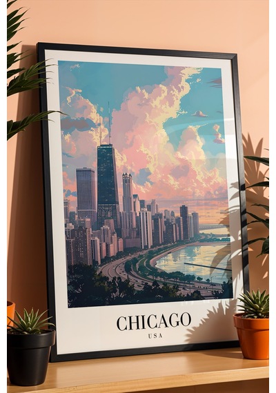 Chicago Usa Vintage Seyahat Posteri Çerçeveli Tablo - Premium City Skyline Elit Duvar Dekoru Siyah