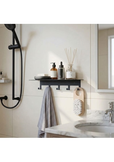 Yapışkanlı Metal Banyo Rafı 5 Kancalı Duvar Rafı Organizer Dekoratif Raf Siyah Paslanmaz Duvar