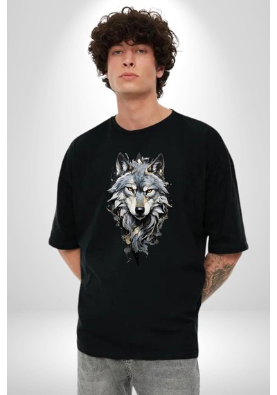 Beyaz Kurt Pamuklu Bisiklet Yaka Unisex Oversize Boyfriend Dijital Baskılı Siyah T-shirt Siyah
