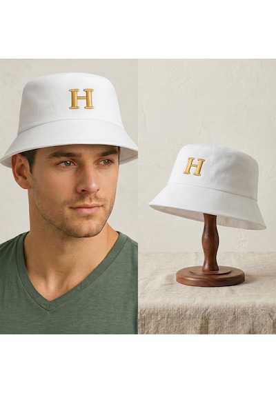 Bk Gift Kişiye Özel Harf Nakışlı Unisex Bucket Şapka Beyaz Pamuk Gabardin Kumaş Yazlık Şapka