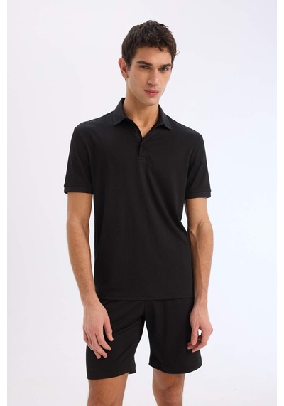 DeFacto Slim Fit Dar Kesim Polo Yaka Dokulu Kısa Kollu Krinkıl Siyah Tişört E1222AX25SMBK81