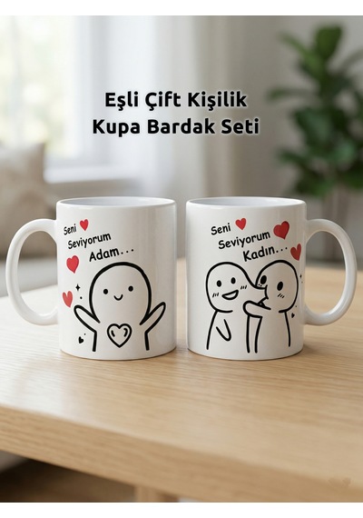 Eşli Çift Kişilik İki Adet Kupa Bardak Seti Seni Seviyorum Adam Yazılı 2'li Çift Yön Baskılı Sevgiliye Hediye Beyaz