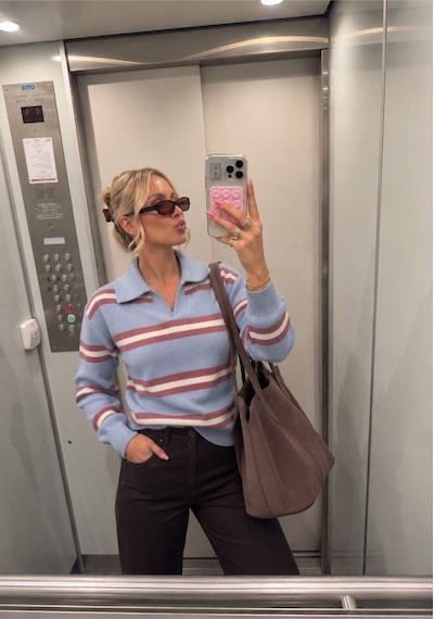 Nilza İstanbul Kadın Bebe Mavi Polo Yaka Oversize Çizgili Triko Kazak Mavi