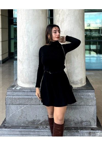 De'charme Kadın Uzun Kollu Balıkçı Yaka Salaş Kusa Akrilik Elbise Siyah