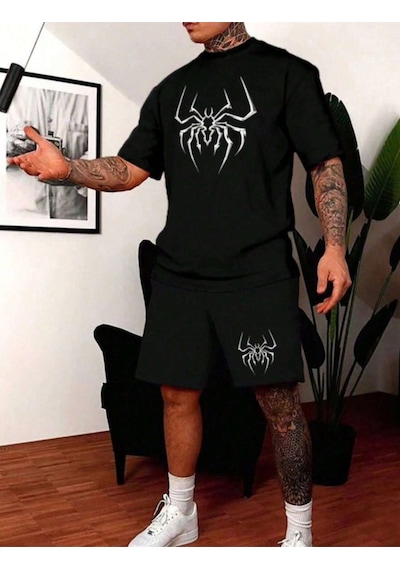 Altamira Erkek Siyah Örümcek Baskılı Şort T-shirt Takım 001